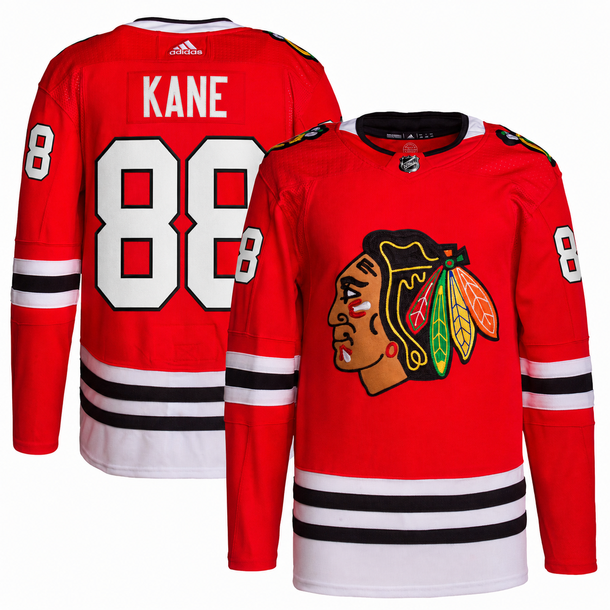 Red Chicago Blackhawks hockey jersey shown from both front and back on a white background. The front features the team logo on the chest, and the back shows 'KANE' and the number '88' in white with black outlines.