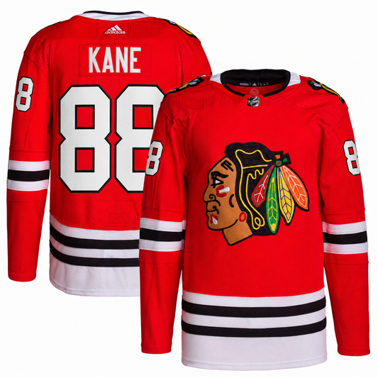 Red Chicago Blackhawks hockey jersey shown from both front and back on a white background. The front features the team logo on the chest, and the back shows 'KANE' and the number '88' in white with black outlines.