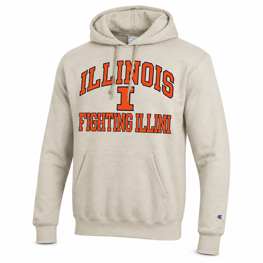 A light heather gray hooded sweatshirt with 'ILLINOIS FIGHTING ILLINI' and a large 'I' printed in orange on the chest, featuring a drawstring hood and kangaroo pocket.