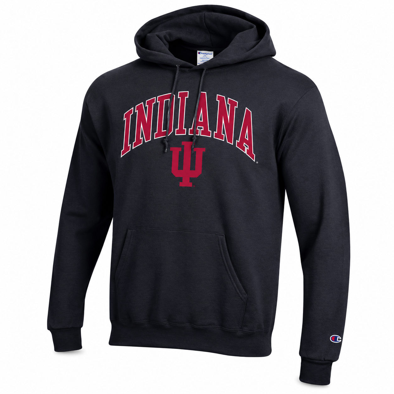 A black pullover hoodie featuring 'INDIANA' and the IU logo printed in red on the chest, with a small Champion logo on the left sleeve cuff, shown against a plain white background.