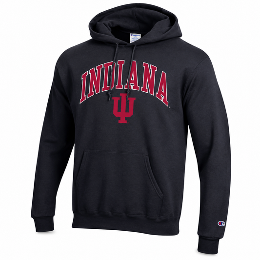 A black pullover hoodie featuring 'INDIANA' and the IU logo printed in red on the chest, with a small Champion logo on the left sleeve cuff, shown against a plain white background.