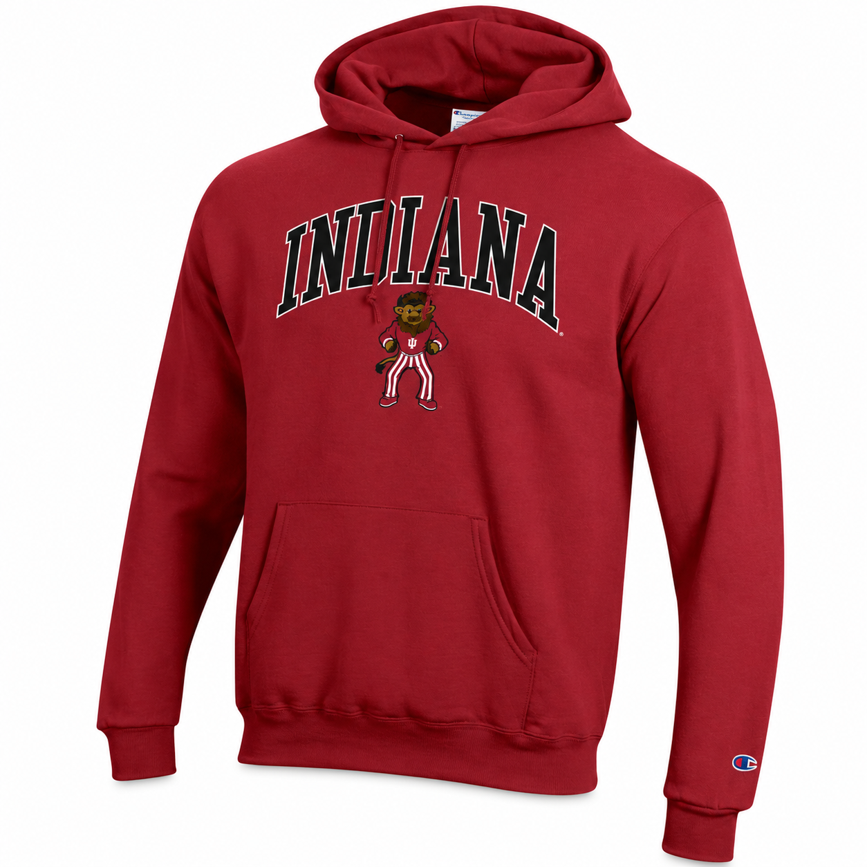 A red pullover hoodie featuring the word 'INDIANA' in arched black letters with a white outline on the chest, and an Indiana Bear mascot graphic below it. A small Champion logo is visible on the left sleeve cuff.