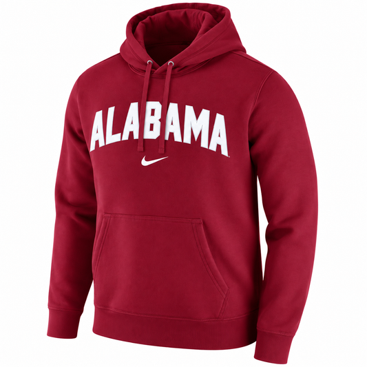 A red pullover hoodie with 'ALABAMA' printed in white arched letters across the chest, a white Nike swoosh underneath, and a front kangaroo pocket, shown on a plain white background.