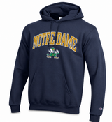 A navy blue Champion hoodie featuring a gold and white 'NOTRE DAME' arch graphic and the Notre Dame Fighting Irish logo on the chest, shown against a plain white background.