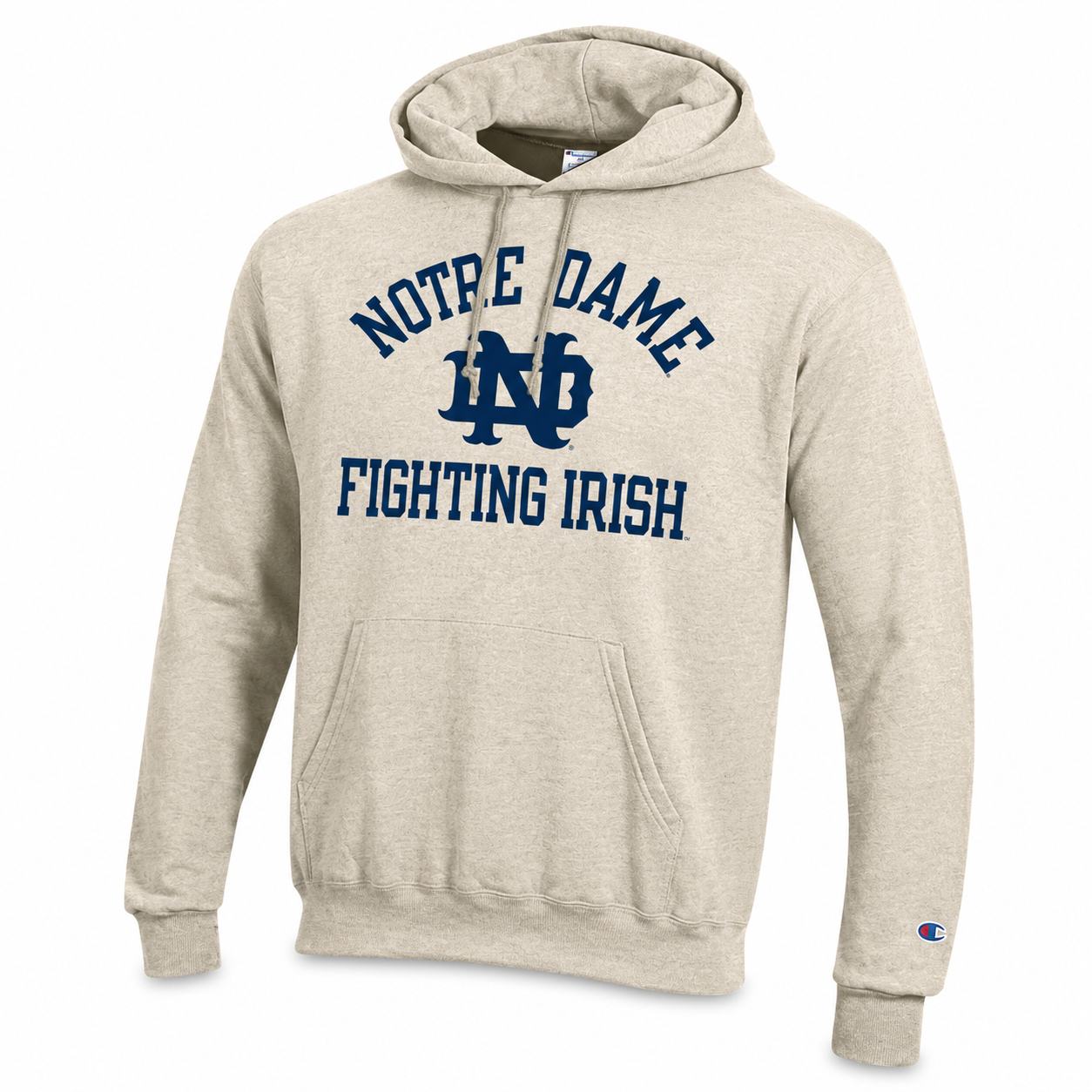 A heather beige pullover hoodie featuring a navy blue graphic on the chest that reads 'NOTRE DAME FIGHTING IRISH' with the 'ND' logo in the center. A small Champion logo is visible on the left sleeve cuff.