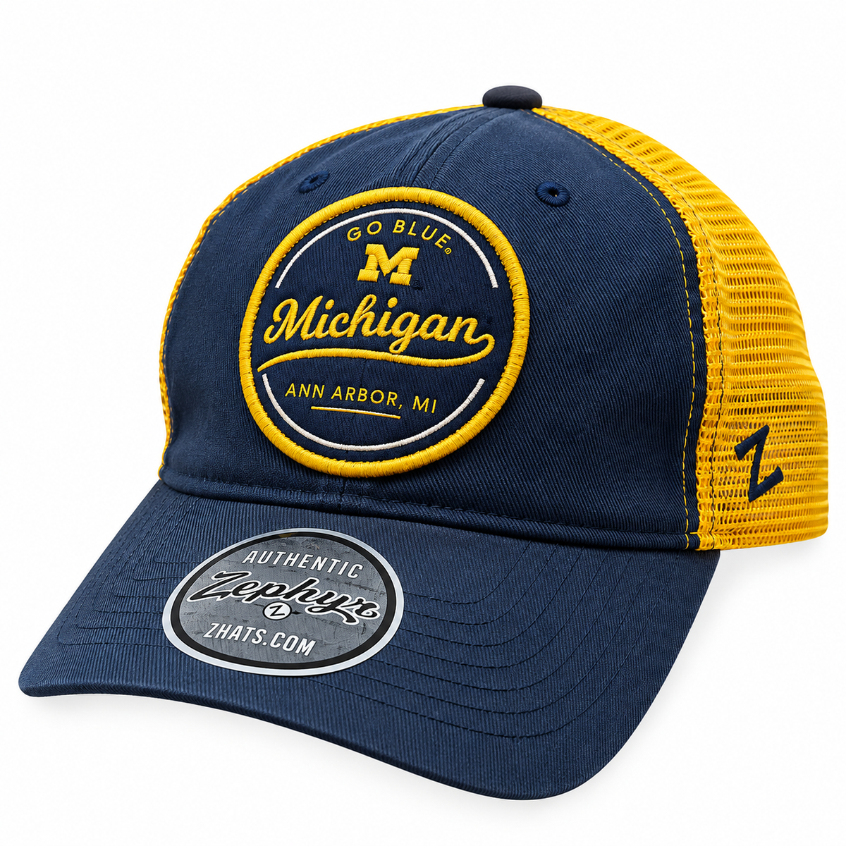 Men's Zephyr Michigan Wolverines Lager "Go Blue" Navy Trucker Slouch Adjustable Hat