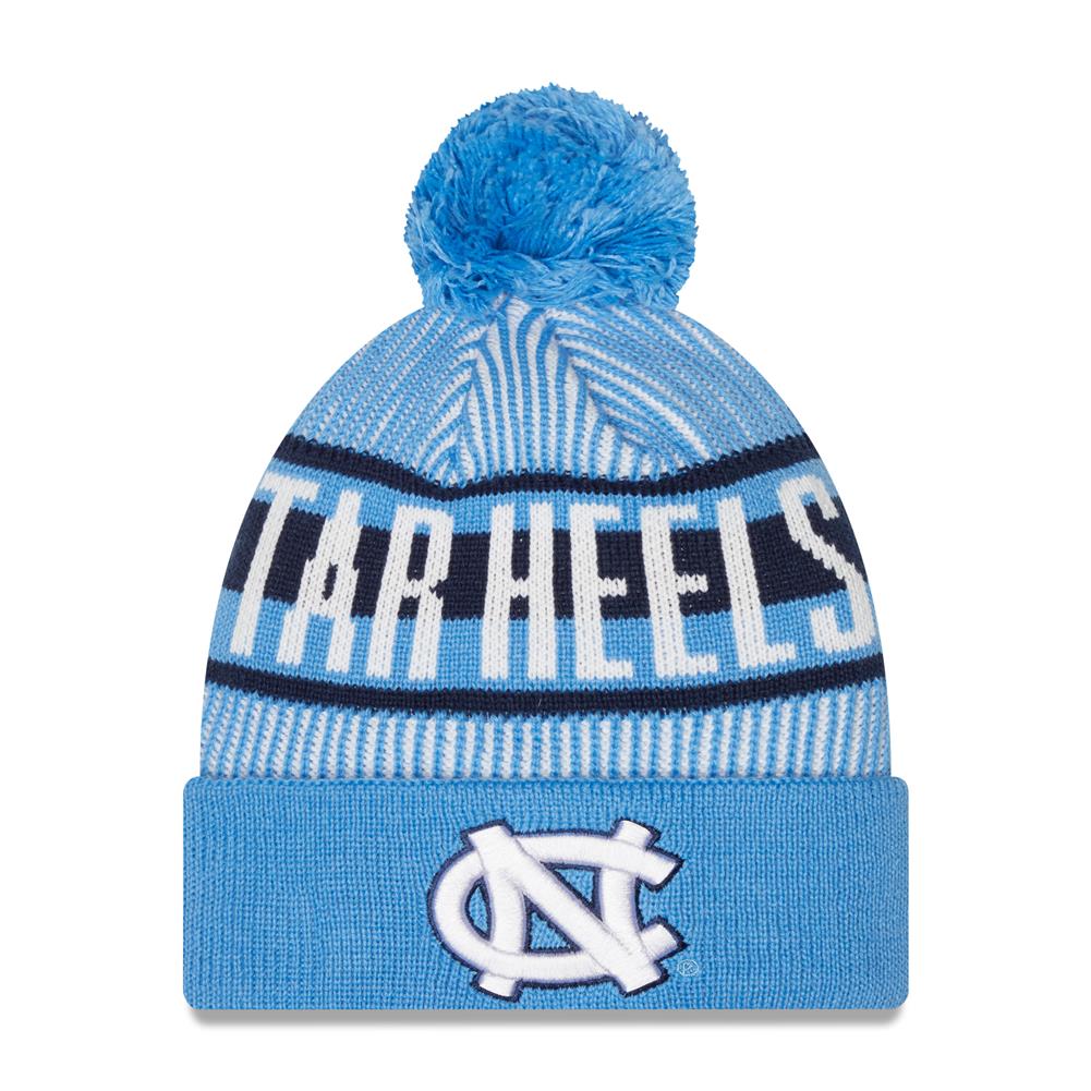 Men's North Carolina Tar Heels Sky Blue NCAA New Era Knitstripe Cuffed Pom Knit Hat