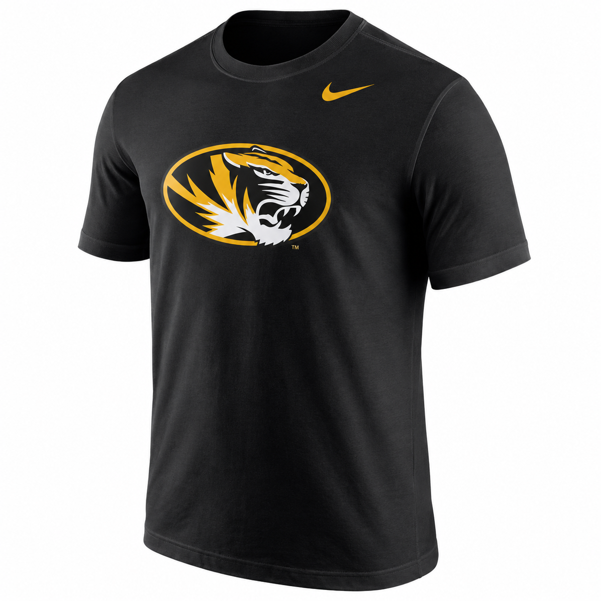 A black short-sleeve Nike t-shirt featuring the Missouri Tigers logo on the chest and a gold Nike swoosh on the right chest, shown on a plain white background.