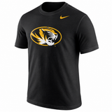 A black short-sleeve Nike t-shirt featuring the Missouri Tigers logo on the chest and a gold Nike swoosh on the right chest, shown on a plain white background.