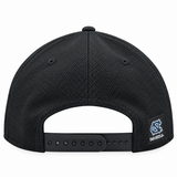 Rear view of a black structured baseball cap with a textured fabric crown, black snapback closure, and a small Carolina Tar Heels logo patch on the side, shown on a white background.