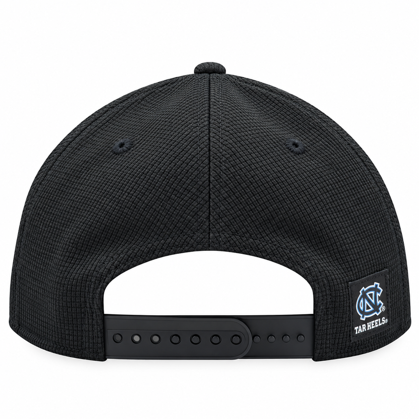 Rear view of a black structured baseball cap with a textured fabric crown, black snapback closure, and a small Carolina Tar Heels logo patch on the side, shown on a white background.
