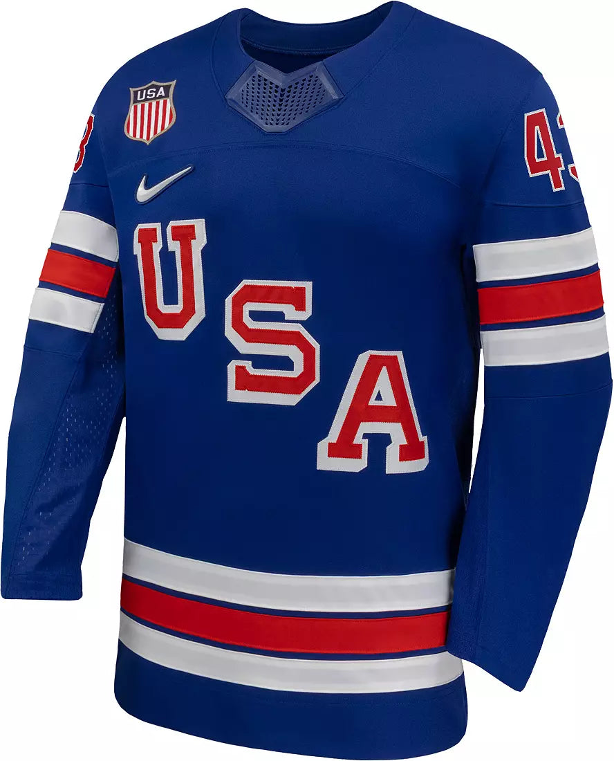 Men's Team USA Hockey Nike Quinn Hughes #43 Blue Replica Jersey
