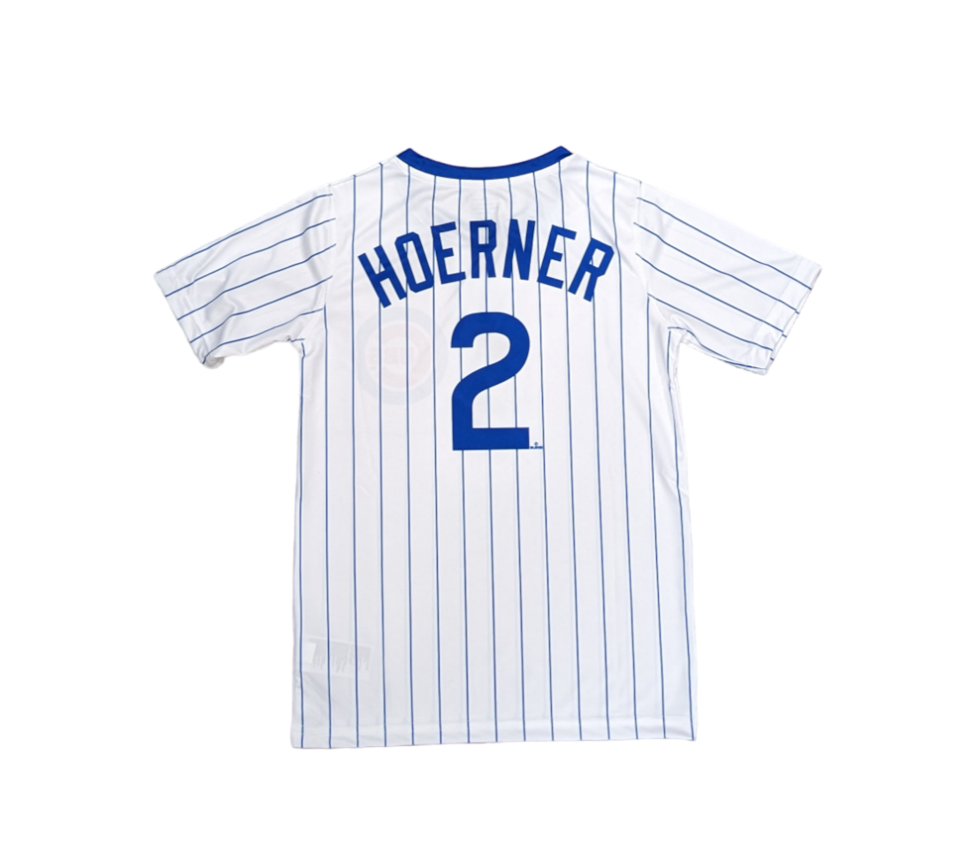 Youth Chicago Cubs Nico Hoerner White/Royal Cooperstown Player Sublimated Jersey Top