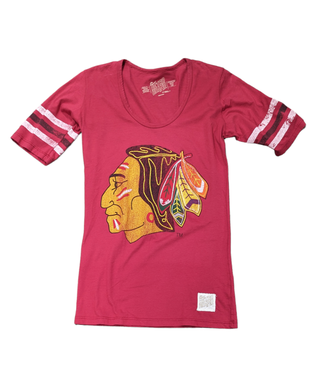 Women's Chicago Blackhawks 1961 Logo Red Mid Sleeve with Stripes Tee