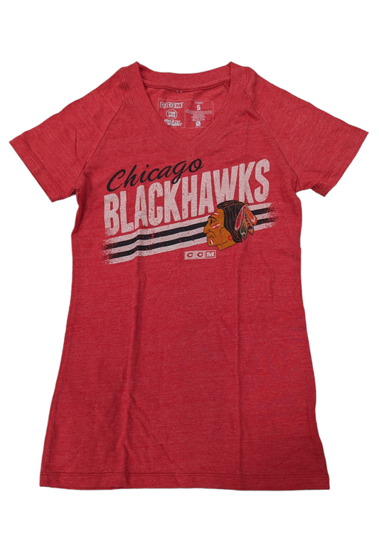 Women's Chicago Blackhawks Red CCM Blue Line V-Neck Tee