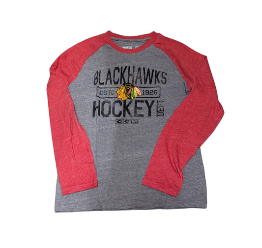 Youth Chicago Blackhawks CCM Tri-Blend Gray/Red Long Sleeve Crew Neck Tee