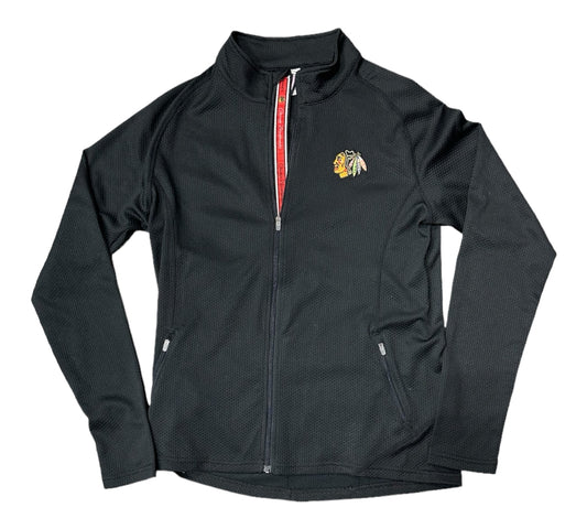 Women's Chicago Blackhawks Full Zip Black Progression Team Script Crew Jacket