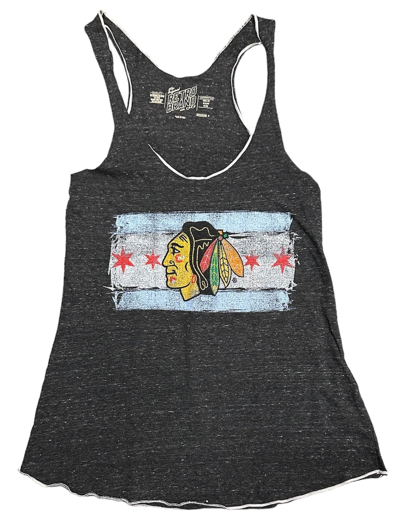 Women's Chicago Blackhawks Chicago Flag Heather Black Edge Tank Top