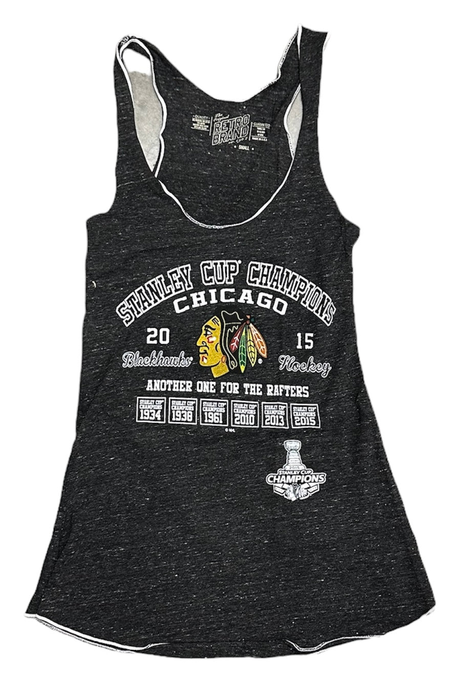 Women's Chicago Blackhawks 2015 Stanley Cup Champs Banner Marrow Edge Tank Top