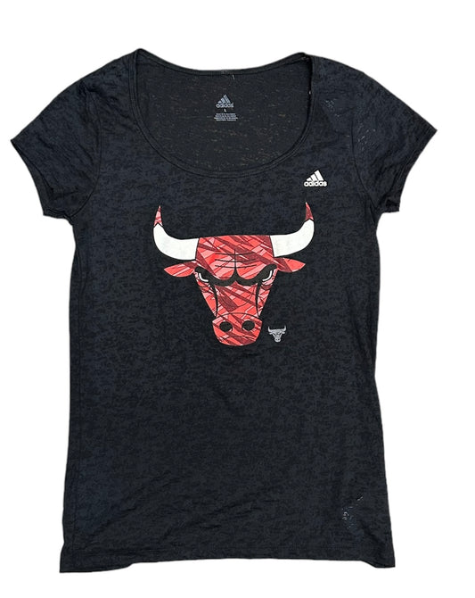 Womens Chicago Bulls Pattern Logo Scoop Neck Burn Out Shirt