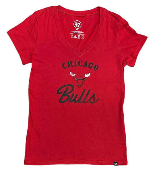Womens Chicago Bulls Red '47 NBA Spirit Script V-Neck Short Sleeve T-Shirt