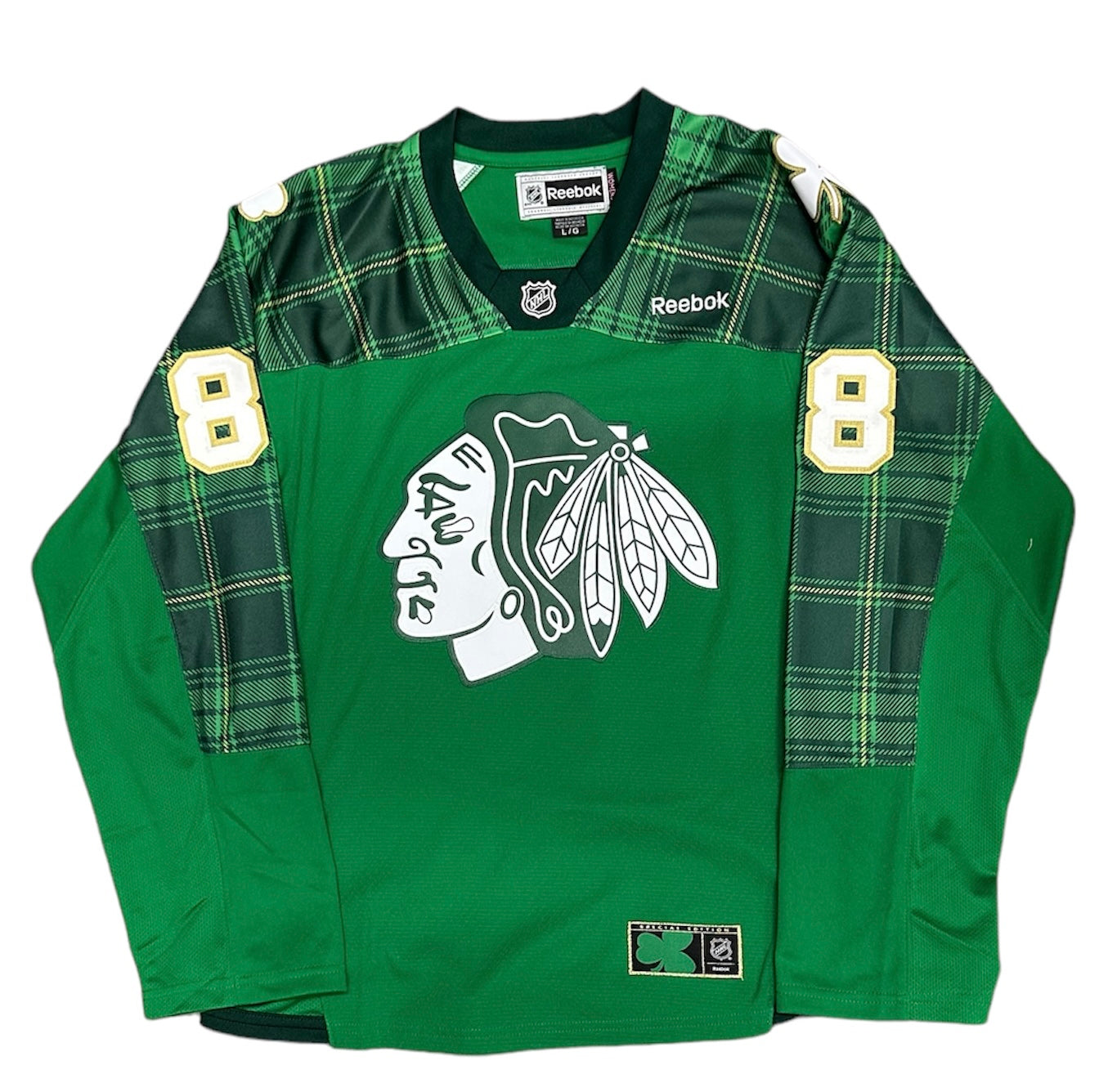 Women's Chicago Blackhawks Patrick Kane Tartan Green Practice St. Patrick's Day Replica Jersey