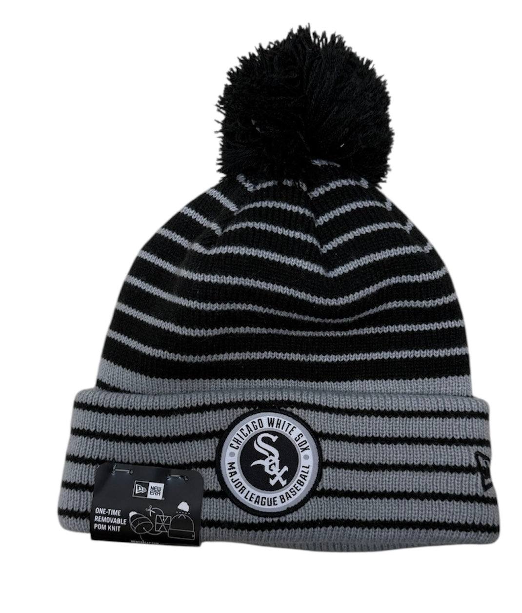 Chicago White Sox New Era Black Patch Cuffed Pom Knit Hat - Pro Jersey Sports
