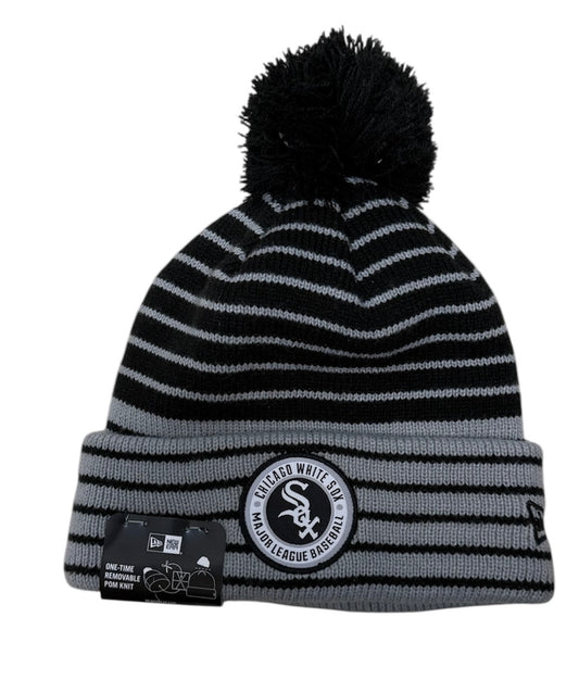 Chicago White Sox New Era Black Patch Cuffed Pom Knit Hat - Pro Jersey Sports