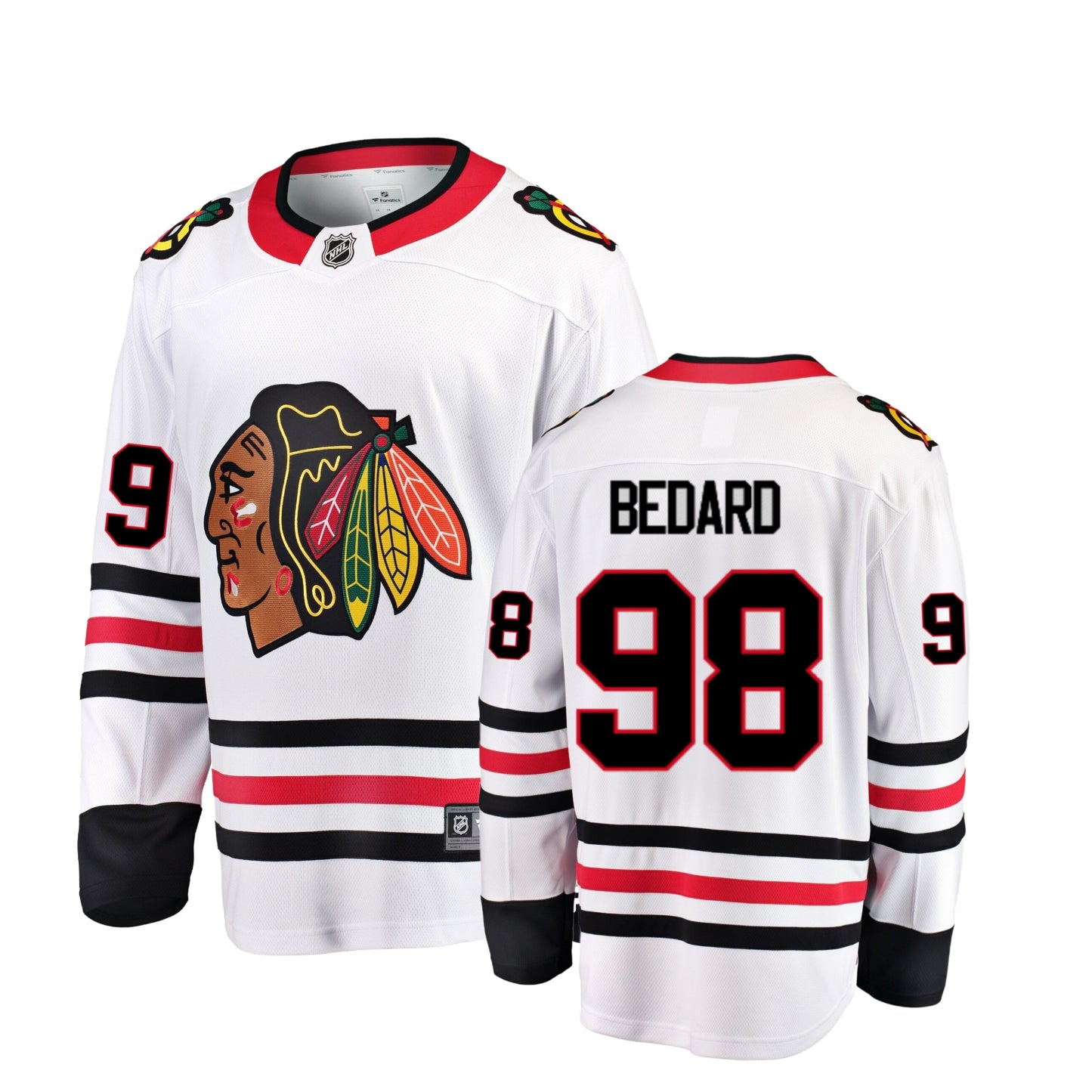 Men's Connor Bedard Chicago Blackhawks White Road Premium Twill Fanatics Breakaway Replica Jersey