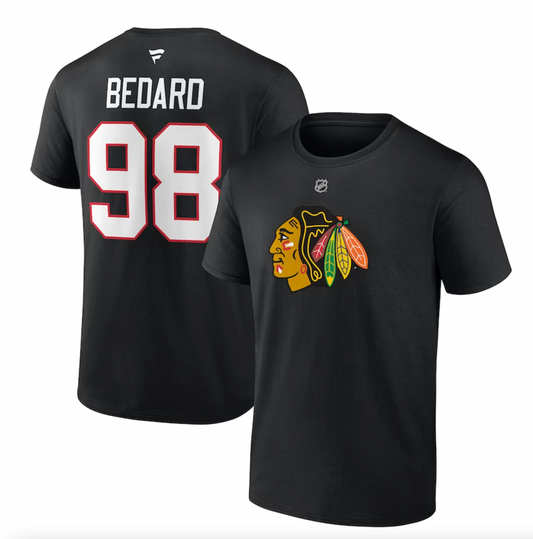 Men's Chicago Blackhawks Connor Bedard Fanatics Black NHL Authentic Stack Player Name & Number T-Shirt