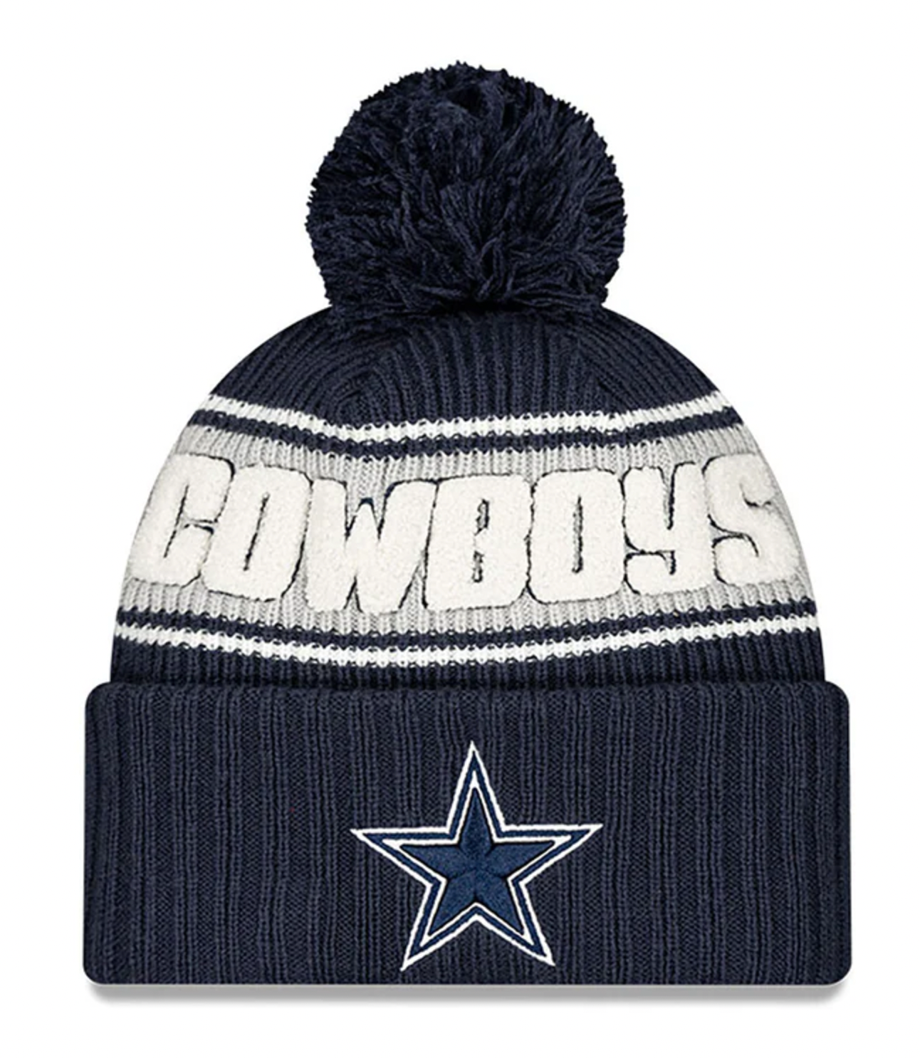 Dallas Cowboys New Era 2024 NFL Sideline Navy Cuffed Pom Knit Hat