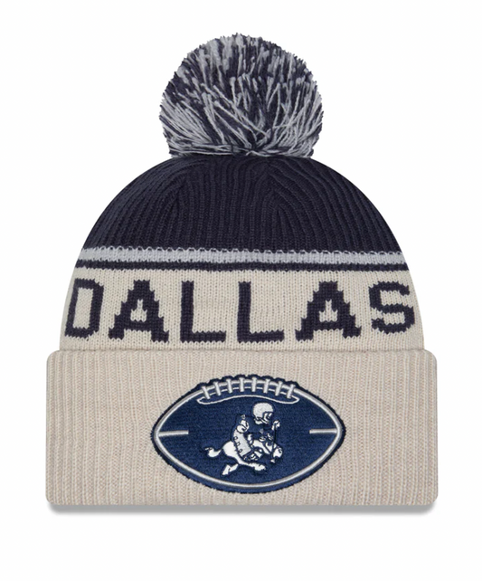 Dallas Cowboys New Era 2024 NFL Sideline Historic Stone/ Navy Cuffed Pom Knit Hat