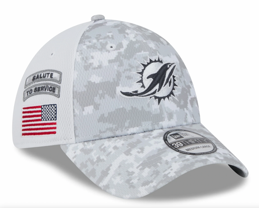 Miami Dolphins New Era Arctic Camo/White 2024 Salute to Service 39THIRTY Flex Hat