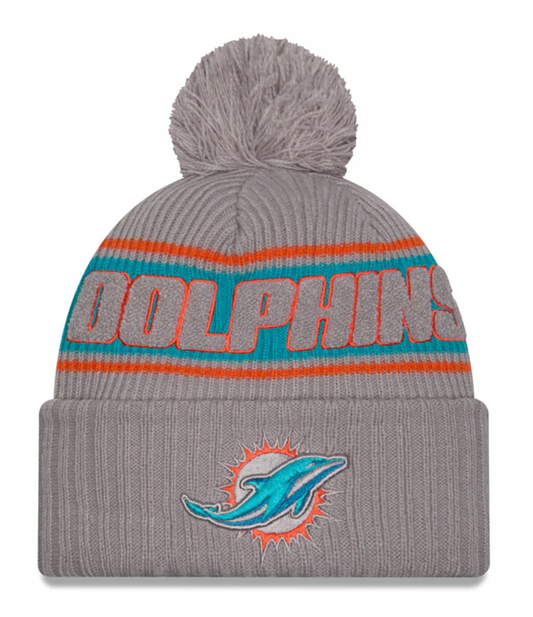 Miami Dolphins New Era 2024 NFL Sideline Graphite Cuffed Pom Knit Hat