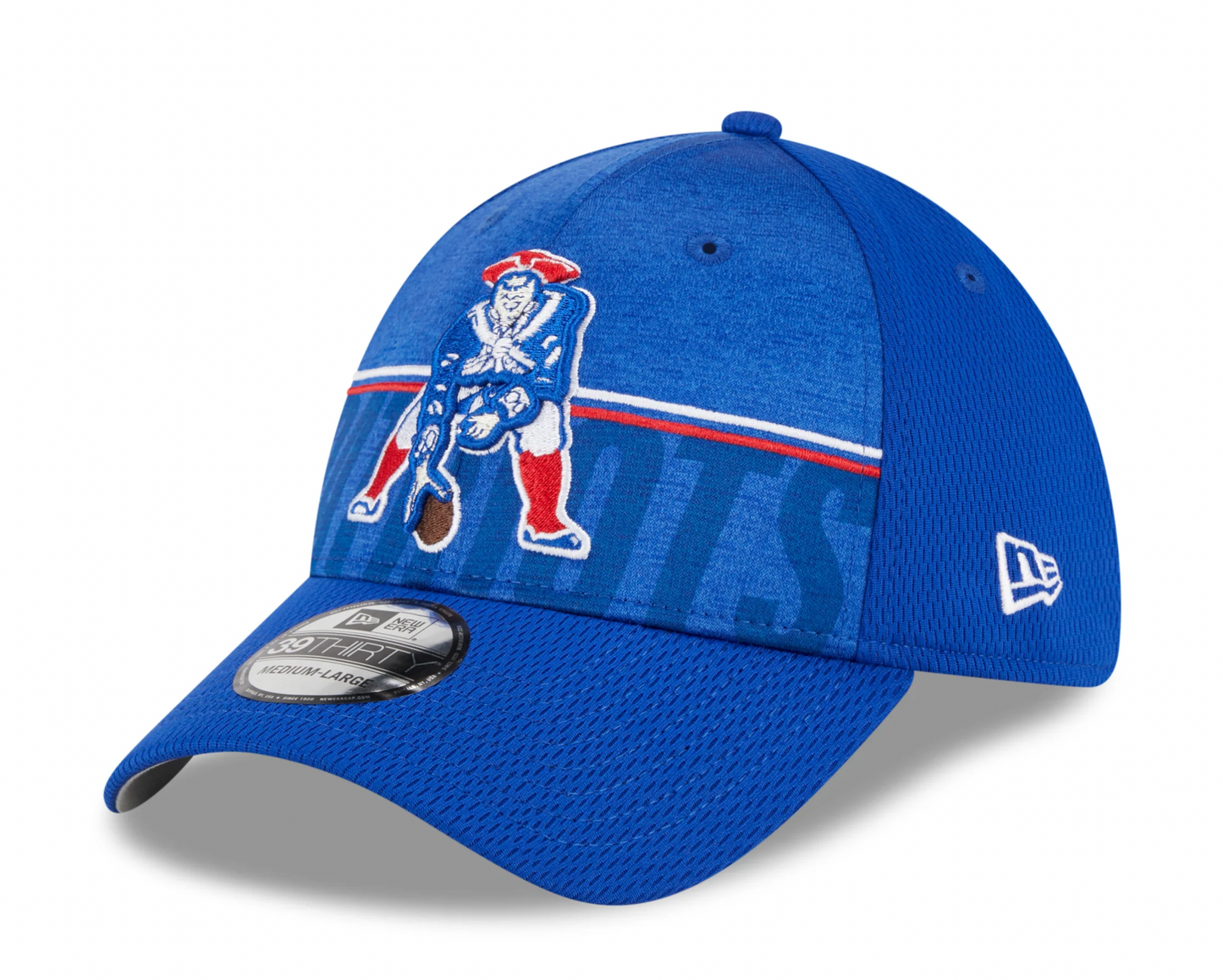 Men's New England Patriots New Era NFL 2023 Training Camp Royal Throwback Logo 39THIRTY Flex Fit Hat