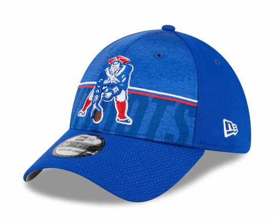 Men's New England Patriots New Era NFL 2023 Training Camp Royal Throwback Logo 39THIRTY Flex Fit Hat