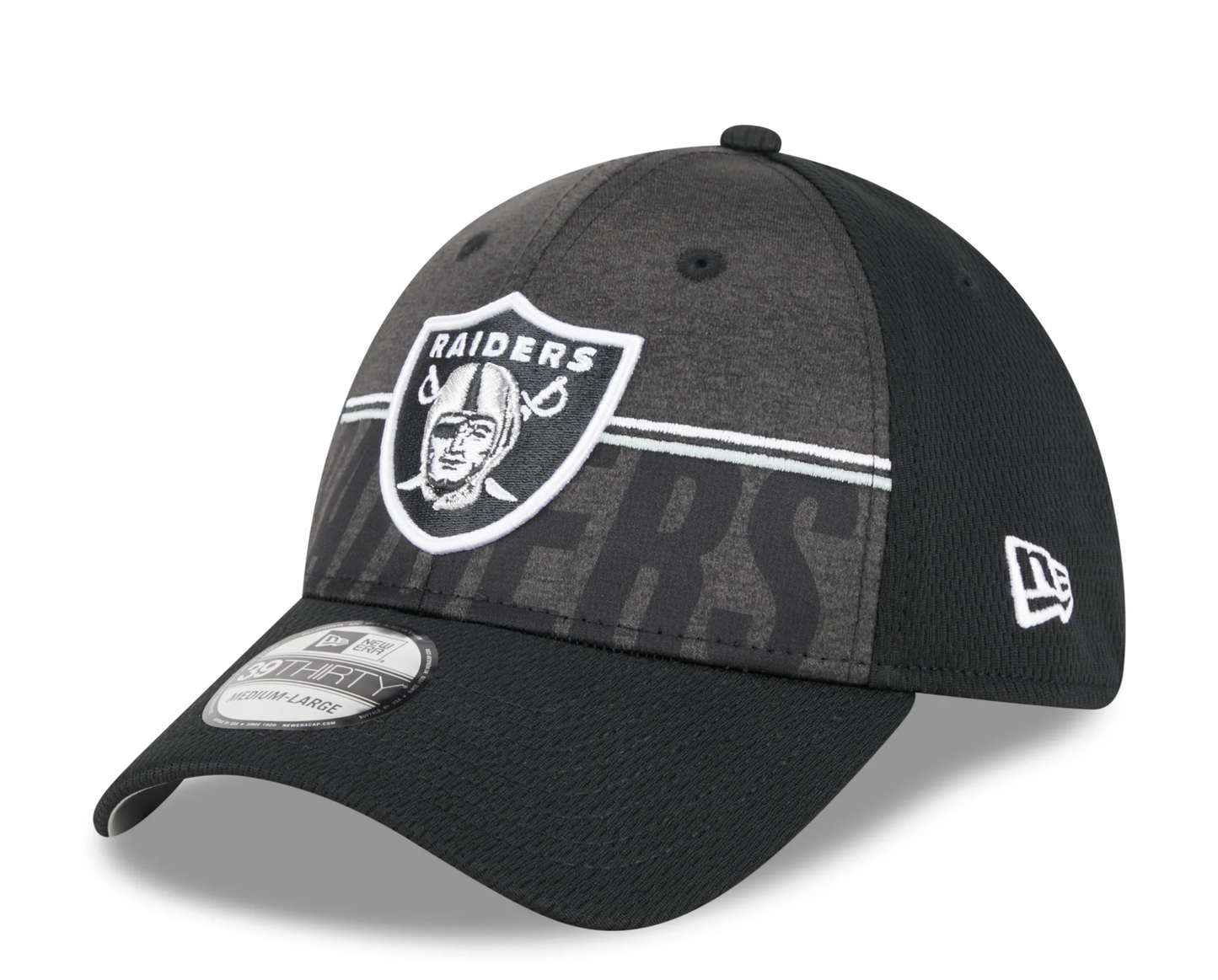 Men's Las Vegas Raiders New Era NFL 2023 Training Camp Black Primary Logo 39THIRTY Flex Fit Hat