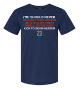 Men's You Should Never Kick To Devin Hester By Obvious Shirts Navy Tee - Pro Jersey Sports