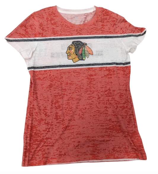 Women's Chicago Blackhawks NHL Red  LevelWear Big Stripe Burnout  Tee
