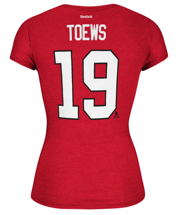 Women's Chicago Blackhawks Jonathan Toews Cap Sleeve Player Named T-Shirt