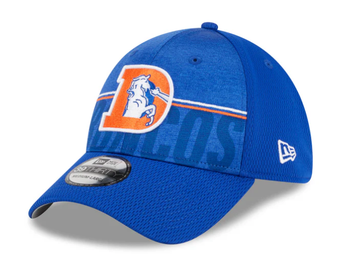 Men's Denver Broncos New Era NFL 2023 Training Camp Royal Blue Throwback Logo 39THIRTY Flex Fit Hat