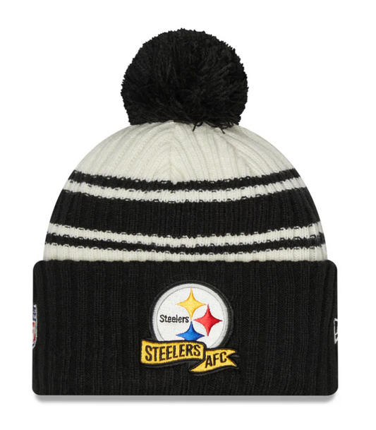 Pittsburgh Steelers New Era Black 2022 NFL Sideline Sport Pom Cuffed Knit Hat