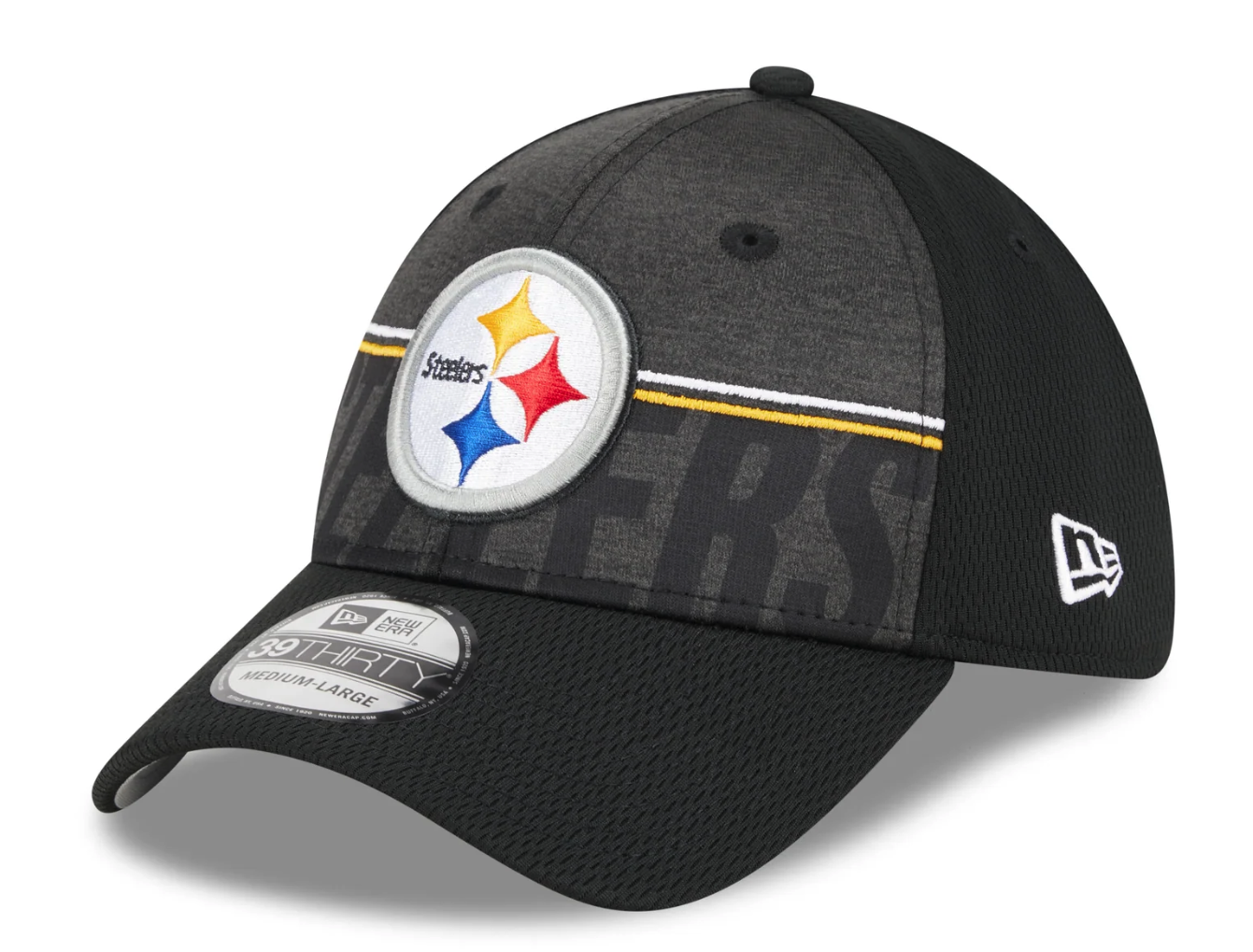 Men's Pittsburgh Steelers New Era NFL 2023 Training Camp Black Primary Logo 39THIRTY Flex Fit Hat