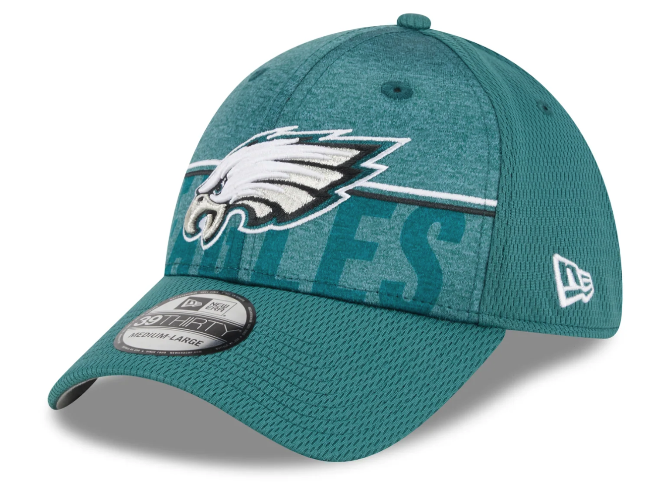 Men's Philadelphia Eagles New Era NFL 2023 Training Camp Midnight Green Primary Logo 39THIRTY Flex Fit Hat