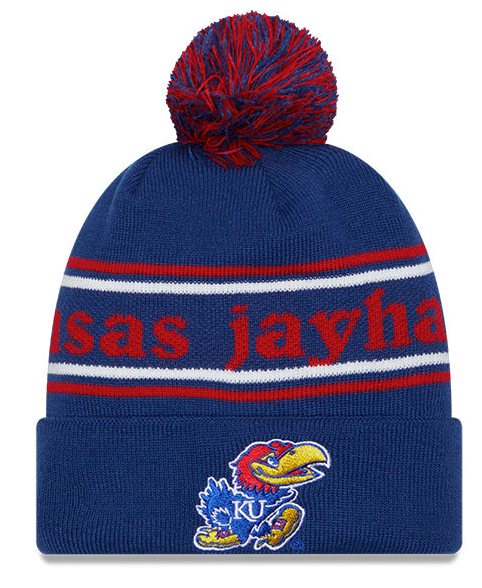 Kansas Jayhawks Blue New Era Marquee Cuffed Knit Hat with Pom