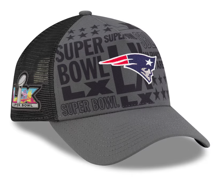 Men's New England Patriots New Era Charcoal Super Bowl LX 9FORTY A-Frame Trucker Adjustable Hat