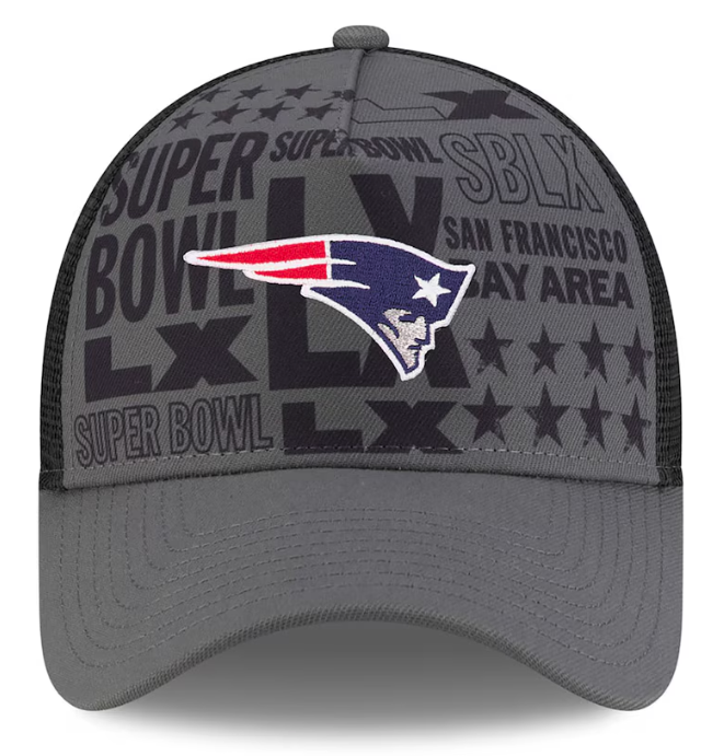 Men's New England Patriots New Era Charcoal Super Bowl LX 9FORTY A-Frame Trucker Adjustable Hat