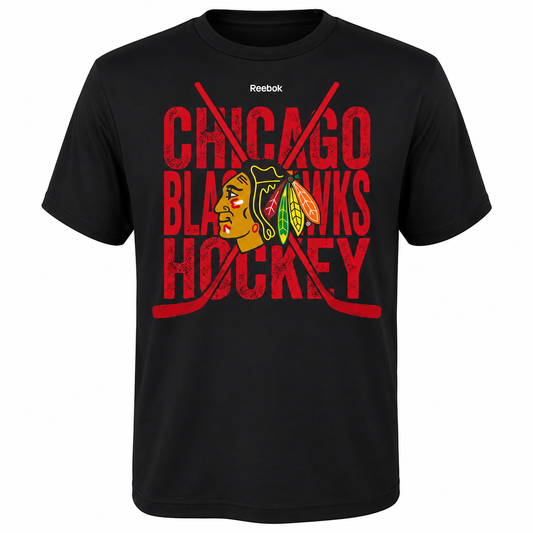 Youth Chicago Blackhawks Black Cross Stix Tee By Reebok