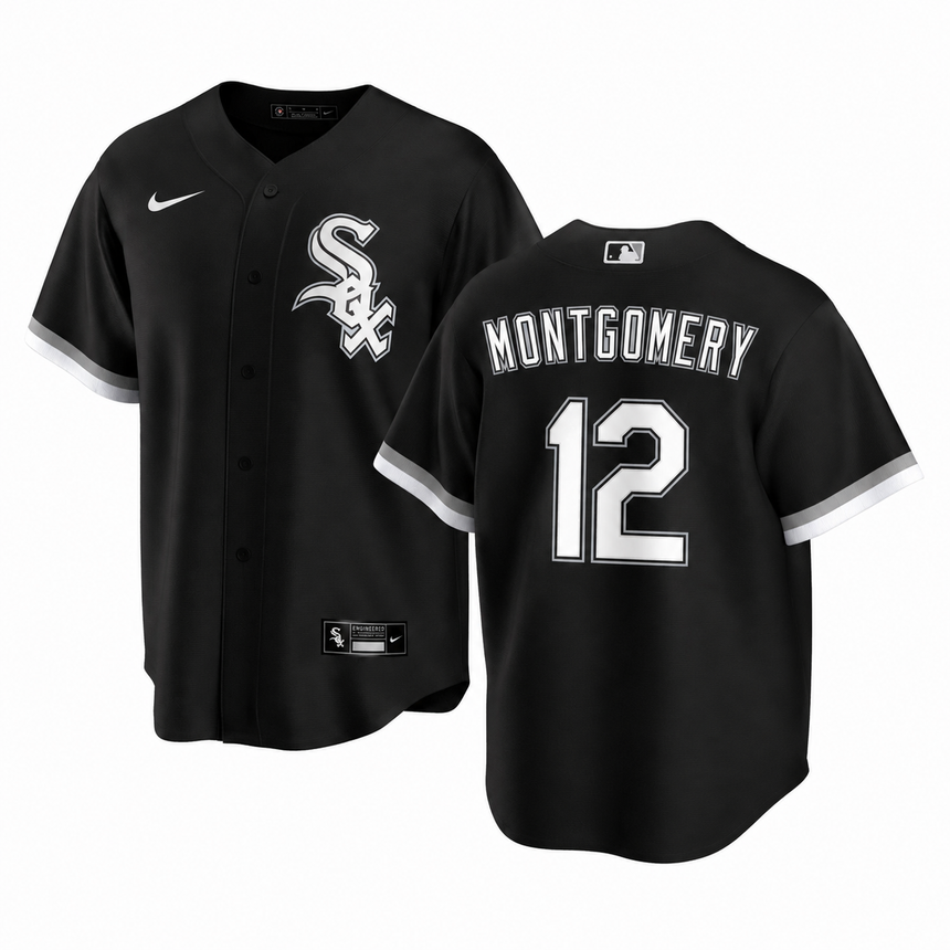 Black Chicago White Sox baseball jersey shown from both front and back. The front features the team's 'Sox' logo on the left chest and a white Nike swoosh on the right chest.
