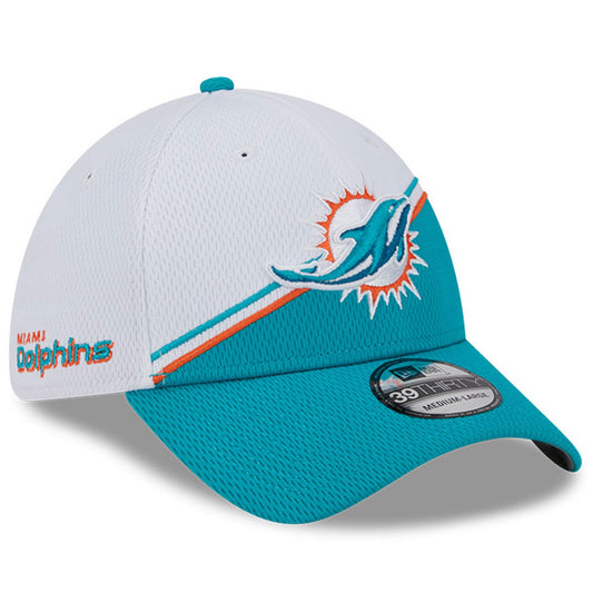 Men's Miami Dolphins Primary Logo New Era White/Aqua 2023 Sideline 39THIRTY Flex Hat
